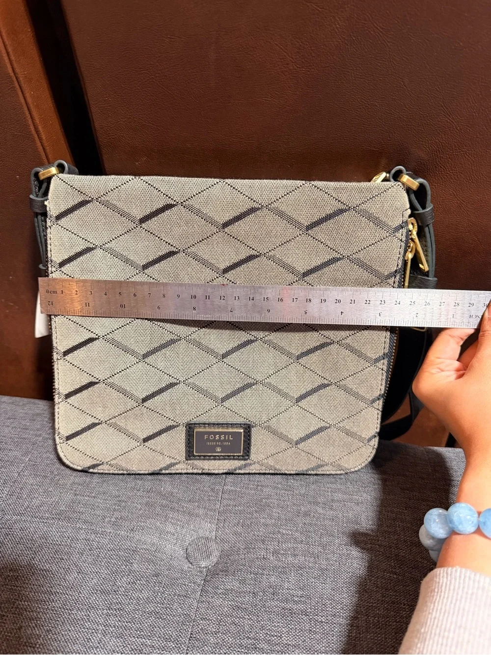 Fossil Preston Expandable Crossbody Bag Grey Black Diamond Jacquard Leather
